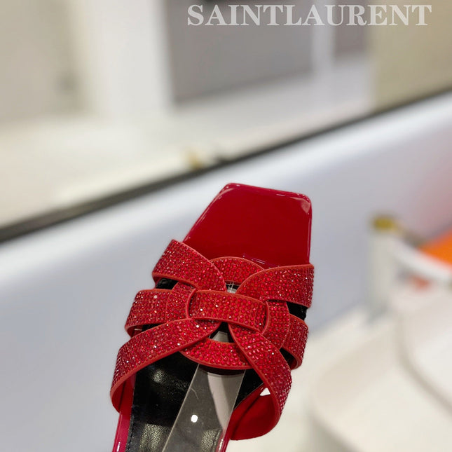 SL TRIBUTE CRYSTAL SANDALS GLOSSY RED CALFSKIN