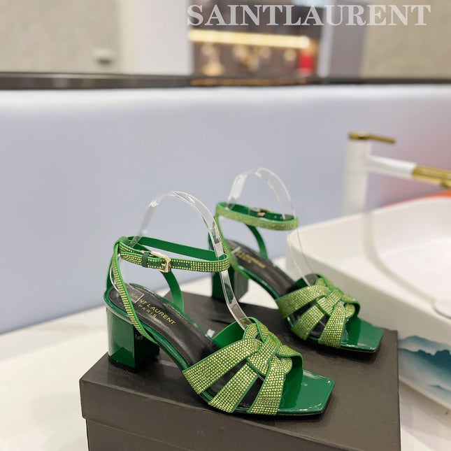 SL TRIBUTE CRYSTAL SANDALS DARK GREEN CALFSKIN