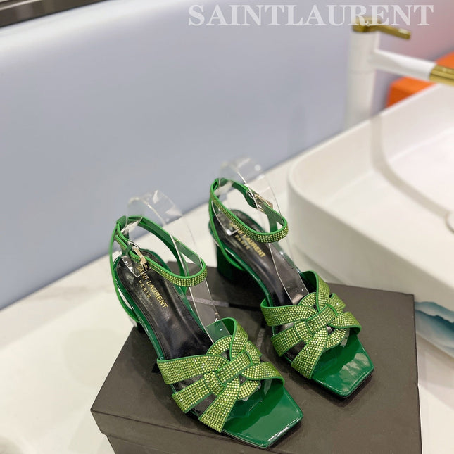SL TRIBUTE CRYSTAL SANDALS DARK GREEN CALFSKIN