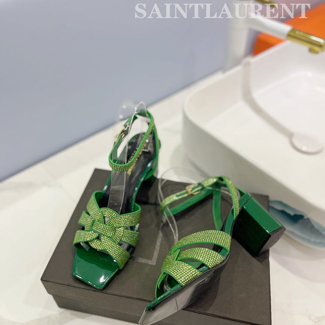 SL TRIBUTE CRYSTAL SANDALS DARK GREEN CALFSKIN