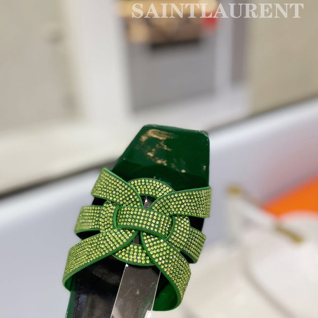SL TRIBUTE CRYSTAL SANDALS DARK GREEN CALFSKIN