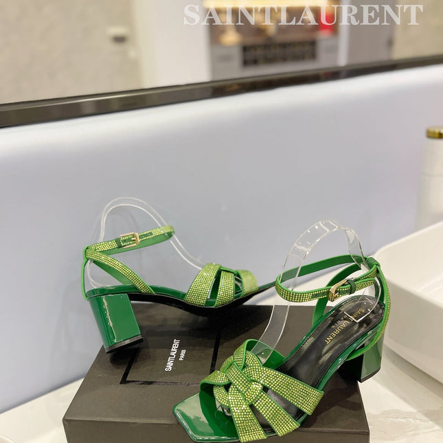 SL TRIBUTE CRYSTAL SANDALS DARK GREEN CALFSKIN