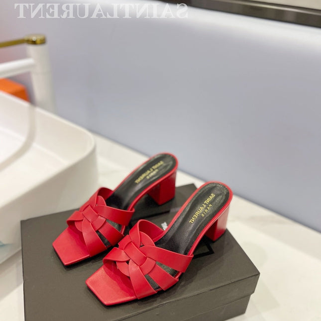 SL TRIBUTE MULES RED CALFSKIN