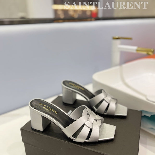 SL TRIBUTE MULES SILVER CALFSKIN