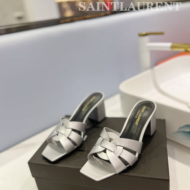 SL TRIBUTE MULES SILVER CALFSKIN