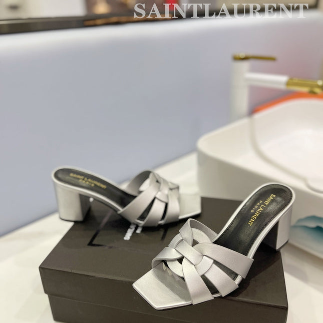 SL TRIBUTE MULES SILVER CALFSKIN