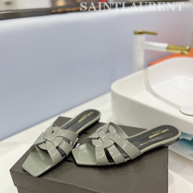 SL TRIBUTE SLIPPERS GLOSSY SAGE CALFSKIN