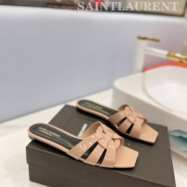 SL TRIBUTE SLIPPERS GLOSSY PINK NUDE CALFSKIN