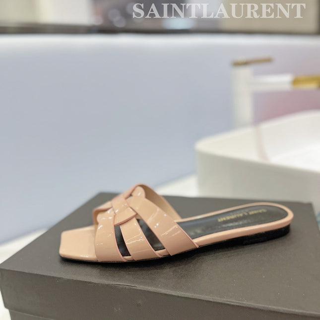 SL TRIBUTE SLIPPERS GLOSSY PINK NUDE CALFSKIN