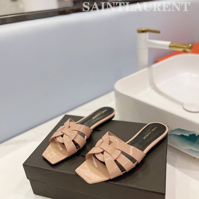 SL TRIBUTE SLIPPERS GLOSSY PINK NUDE CALFSKIN