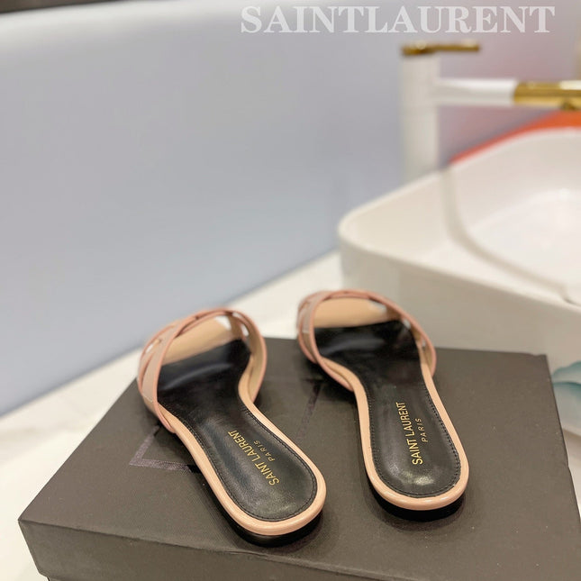 SL TRIBUTE SLIPPERS GLOSSY PINK NUDE CALFSKIN