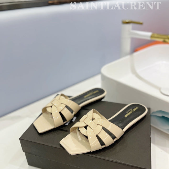 SL TRIBUTE SLIPPERS GLOSSY PASTEL YELLOW CALFSKIN