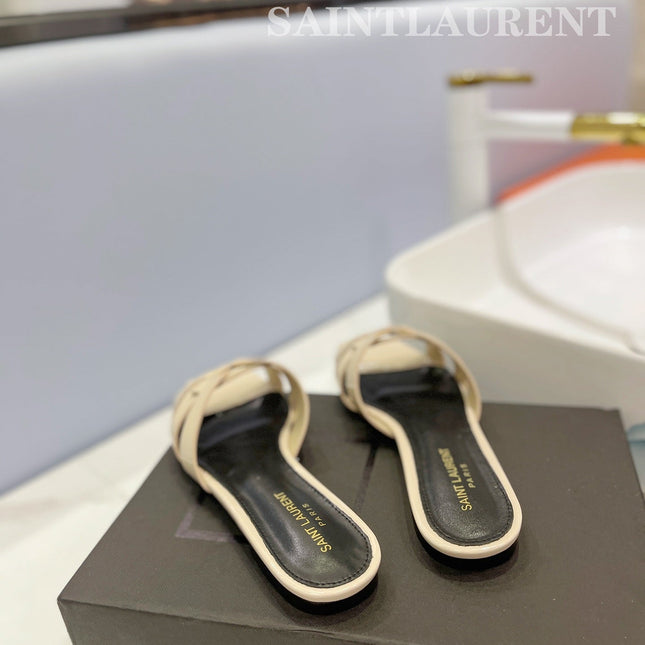 SL TRIBUTE SLIPPERS GLOSSY PASTEL YELLOW CALFSKIN