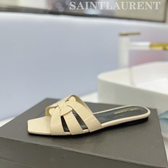 SL TRIBUTE SLIPPERS GLOSSY PASTEL YELLOW CALFSKIN