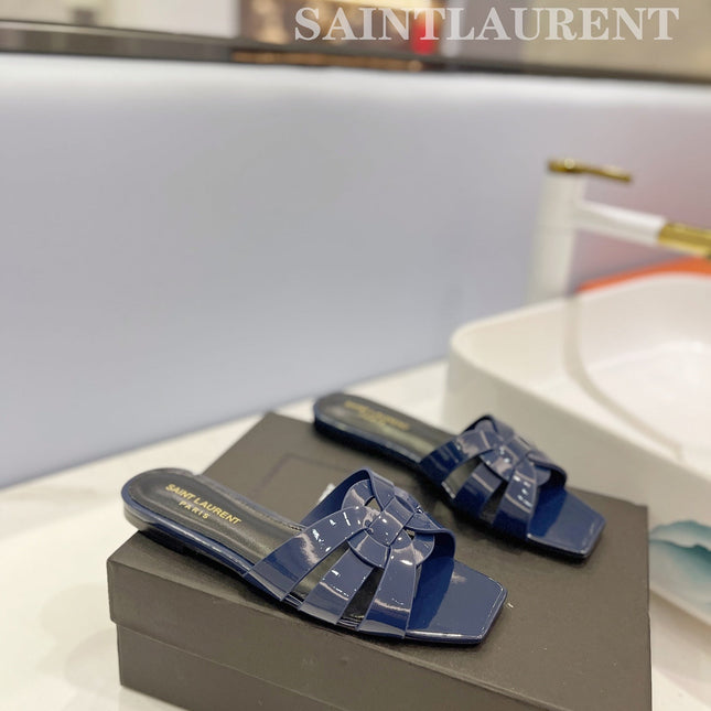 SL TRIBUTE SLIPPERS GLOSSY NAVY CALFSKIN