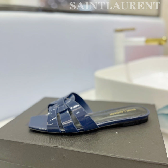 SL TRIBUTE SLIPPERS GLOSSY NAVY CALFSKIN