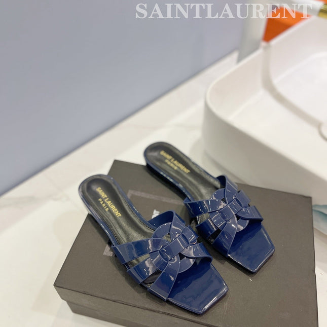 SL TRIBUTE SLIPPERS GLOSSY NAVY CALFSKIN
