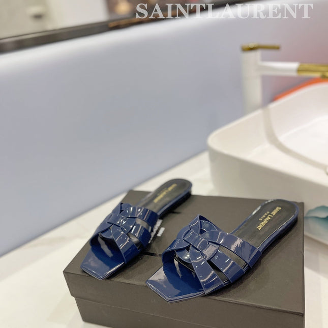 SL TRIBUTE SLIPPERS GLOSSY NAVY CALFSKIN
