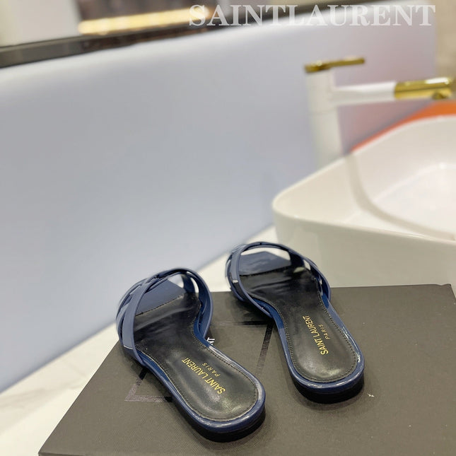 SL TRIBUTE SLIPPERS GLOSSY NAVY CALFSKIN
