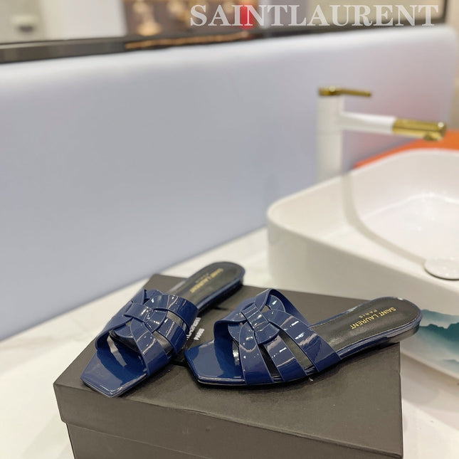 SL TRIBUTE SLIPPERS GLOSSY NAVY CALFSKIN