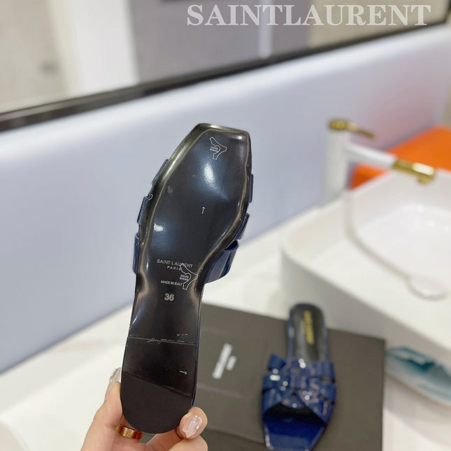 SL TRIBUTE SLIPPERS GLOSSY NAVY CALFSKIN