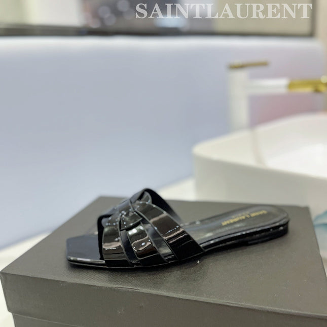 SL TRIBUTE SLIPPERS GLOSSY BLACK CALFSKIN