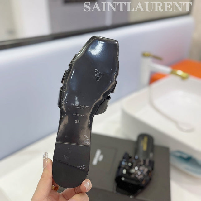 SL TRIBUTE SLIPPERS GLOSSY BLACK CALFSKIN