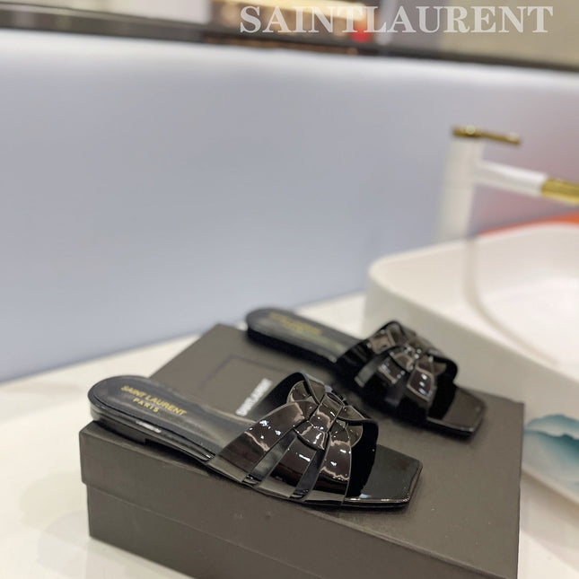 SL TRIBUTE SLIPPERS GLOSSY BLACK CALFSKIN