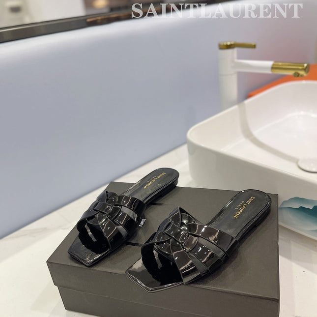 SL TRIBUTE SLIPPERS GLOSSY BLACK CALFSKIN