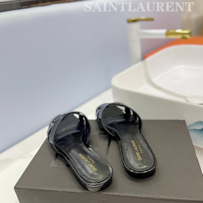 SL TRIBUTE SLIPPERS GLOSSY BLACK CALFSKIN