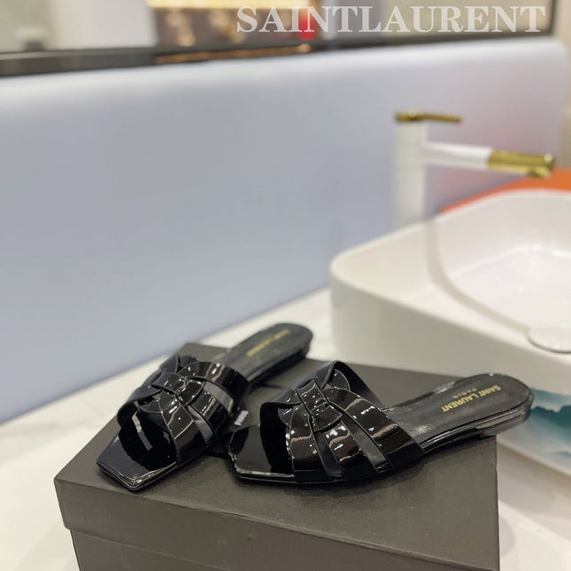 SL TRIBUTE SLIPPERS GLOSSY BLACK CALFSKIN