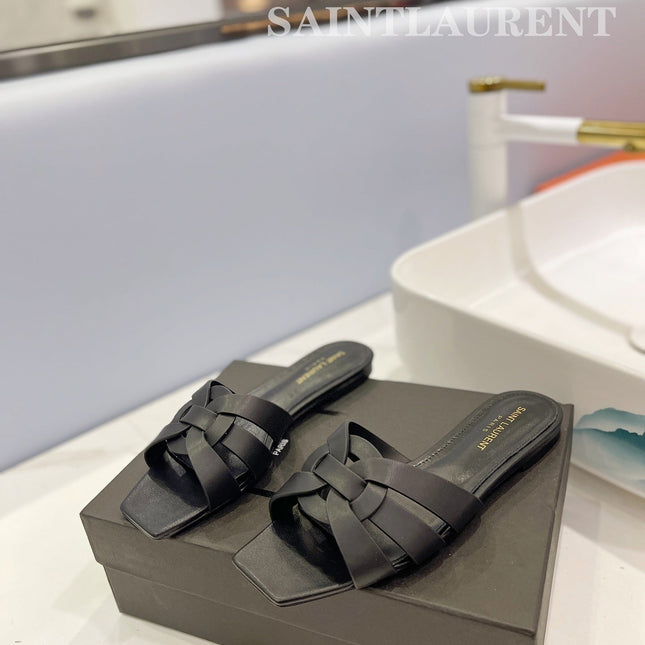 SL TRIBUTE SLIPPERS BLACK CALFSKIN