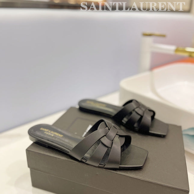 SL TRIBUTE SLIPPERS BLACK CALFSKIN