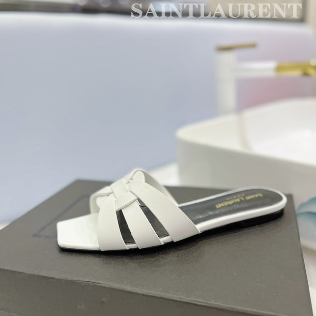 SL TRIBUTE SLIPPERS WHITE CALFSKIN