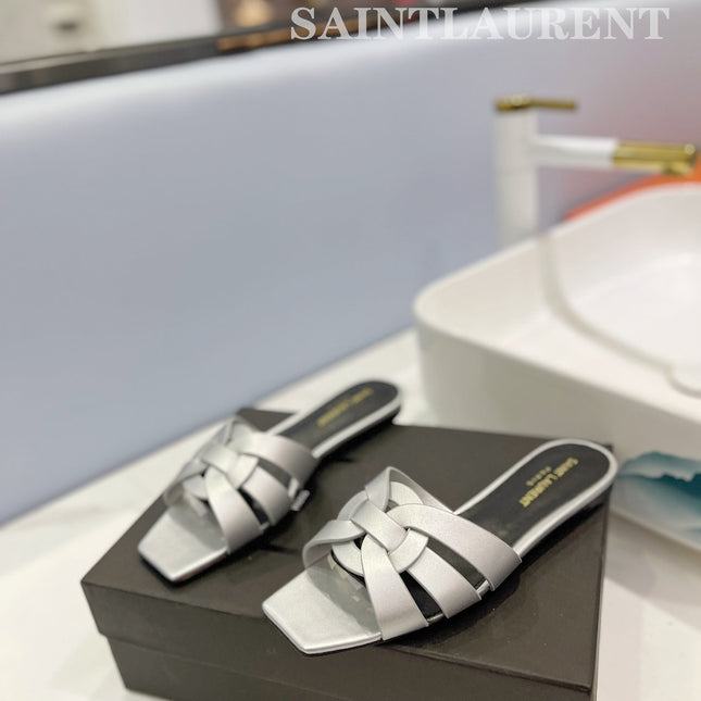 SL TRIBUTE SLIPPERS SILVER CALFSKIN