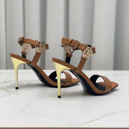 BALMAIN 25S HIGH HEELS WITH B METAL DETAIL 95MM IN CARAMEL CALFSKIN