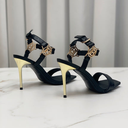 BALMAIN 25S HIGH HEELS WITH B METAL DETAIL 95MM IN BLACK CALFSKIN