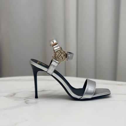 BALMAIN 25S HIGH HEELS WITH B METAL DETAIL 95MM IN SILVER CALFSKIN