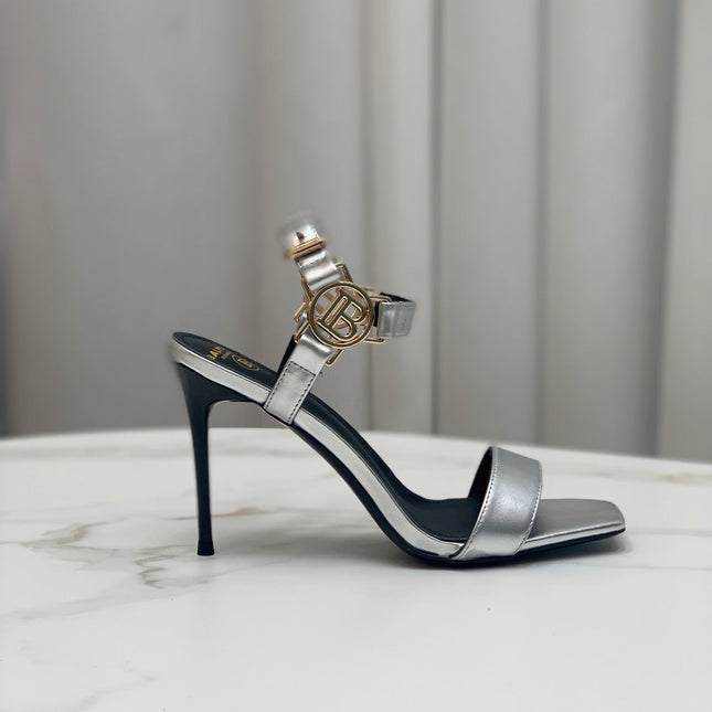 BALMAIN 25S HIGH HEELS WITH B METAL DETAIL 95MM IN SILVER CALFSKIN