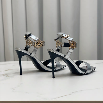 BALMAIN 25S HIGH HEELS WITH B METAL DETAIL 95MM IN SILVER CALFSKIN