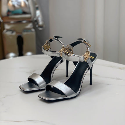 BALMAIN 25S HIGH HEELS WITH B METAL DETAIL 95MM IN SILVER CALFSKIN