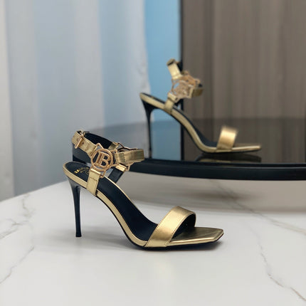 BALMAIN 25S HIGH HEELS WITH B METAL DETAIL 95MM IN GOLD CALFSKIN