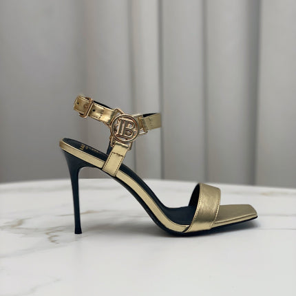 BALMAIN 25S HIGH HEELS WITH B METAL DETAIL 95MM IN GOLD CALFSKIN