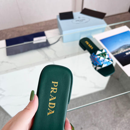 PRA EMBROIDERED SLIDES FLAT CASTLETON GREEN FABRIC