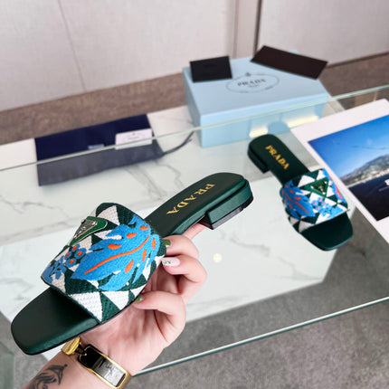 PRA EMBROIDERED SLIDES FLAT CASTLETON GREEN FABRIC