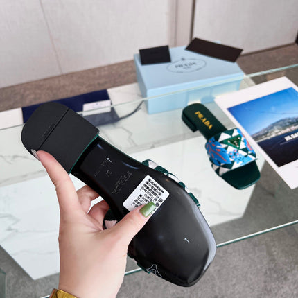 PRA EMBROIDERED SLIDES FLAT CASTLETON GREEN FABRIC