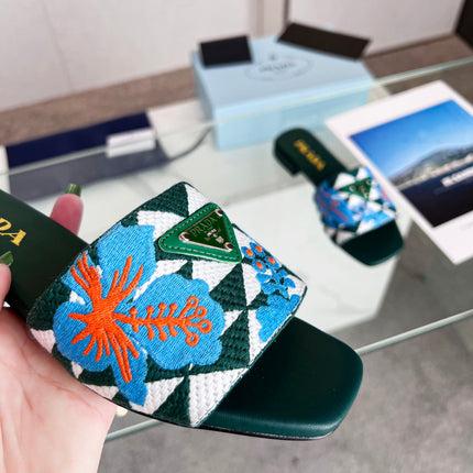 PRA EMBROIDERED SLIDES FLAT CASTLETON GREEN FABRIC