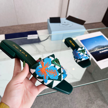 PRA EMBROIDERED SLIDES FLAT CASTLETON GREEN FABRIC