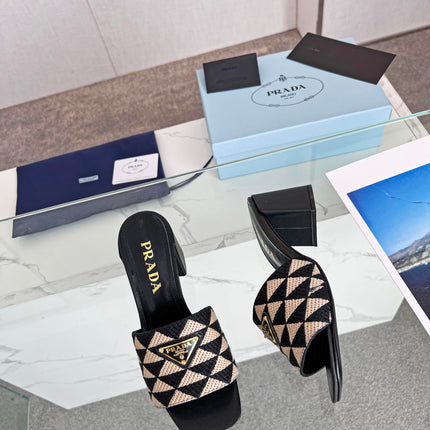 PRA EMBROIDERED SLIDES 65 BLACK AND BEIGE FABRIC