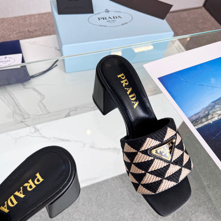 PRA EMBROIDERED SLIDES 65 BLACK AND BEIGE FABRIC